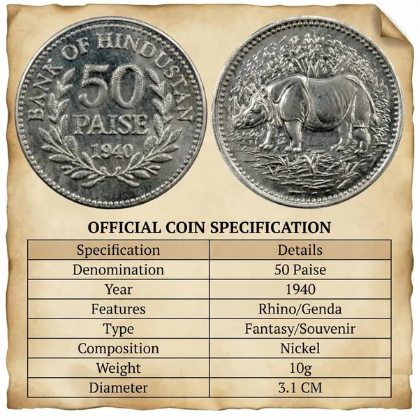 Rare_Rhino_Design_Bank_of_Hindustan_1940_Souvenir_Coin_50_Paise_Fantasy_Issue_Modern_Coin