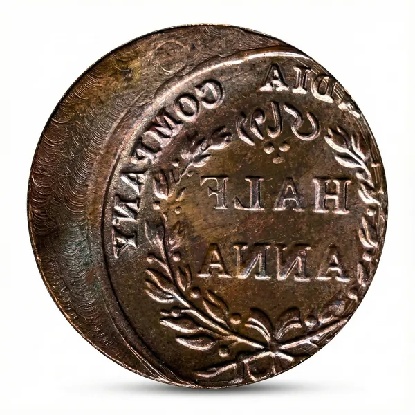 Brockage_Error_Half_Anna_1845_East_India_Company_Old_Copper_Coin