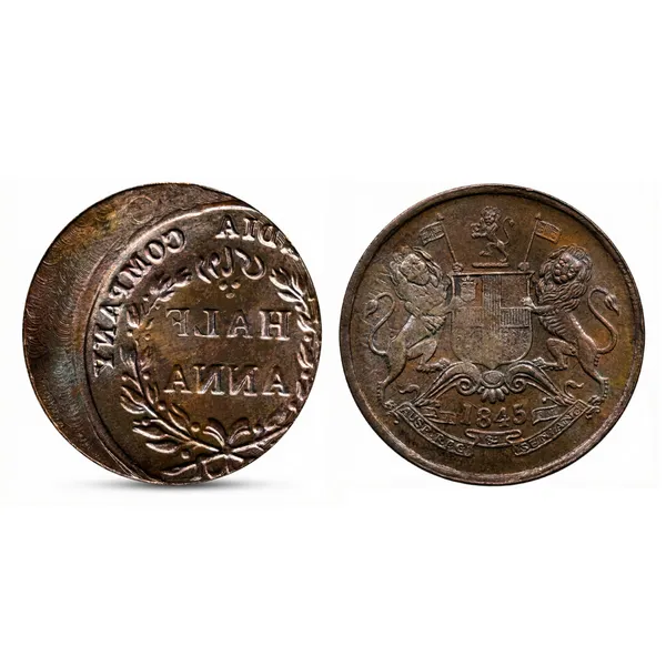 Brockage_Error_Half_Anna_1845_East_India_Company_Old_Copper_Coin
