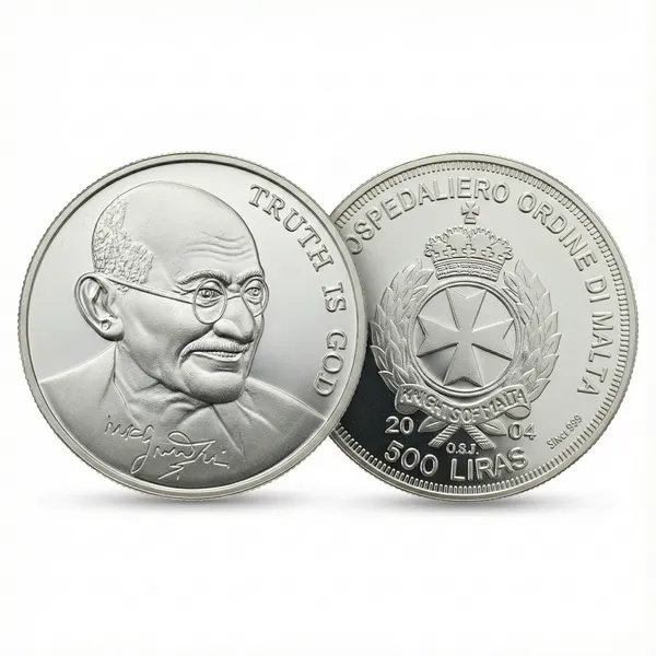 Silver-_Plated_500_Liras_2004_Truth_Is_God_Mahatma_Gandhi_Malta_Fantasy_Coin