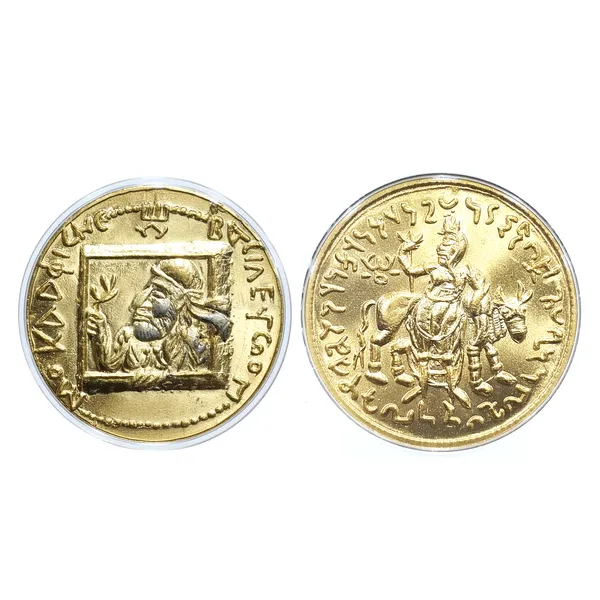 Gold_Plated_The_Kushans_–_Gold_Dinar_Kanishka_I_Reproduction/Educational_Card_With_Coin