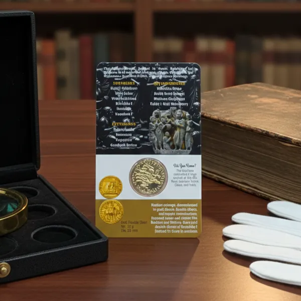 Gold_Plated_The_Kushans_–_Gold_Dinar_Kanishka_I_Reproduction/Educational_Card_With_Coin