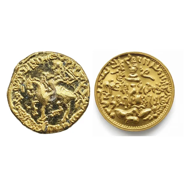 Gold_Plated_Rashtrakutas_Horseman_Emblem_Gold_Dinar_Reproduction/Educational_Card_With_Coin