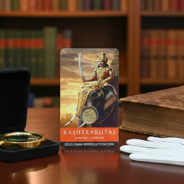 Gold_Plated_Rashtrakutas_Horseman_Emblem_Gold_Dinar_Reproduction/Educational_Card_With_Coin