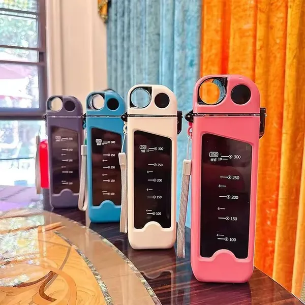 New_Flat_Square_Fashion_Plastic_Sports_Water_Bottle_Portable_Sports_Exercising_Band_Scale_Cup_New_Rectangular_Creative_350ml_Water_Bottle_with_Straw