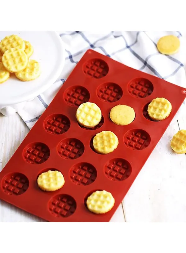 18_Cavity_Mini_Waffle_Round_Shape_Silicone_Mould_Non_Stick_Baking_Tray_For_Chocolates_Jelly_Desserts_Ice_Cubes_And_Homemade_Soap_Reusable_Food_Grade_Silicone_Bakeware_For_Kitchen_Use