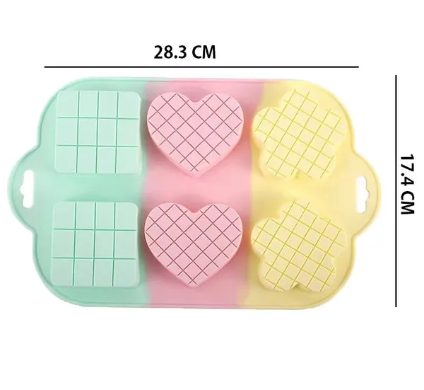 6_Cavity_Rainbow_Silicone_Mould,_Heart,_Square_&_Flower_Shape_Muffin_Tray_With_Checks_Texture,_Reusable_Non_Stick_Bakeware_For_Cupcakes,_Chocolates,_And_Soaps