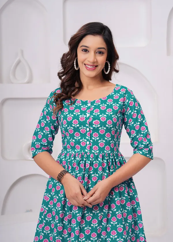 Aqua_Blue_Pure_Cotton_A-Line_Kurta_For_Women