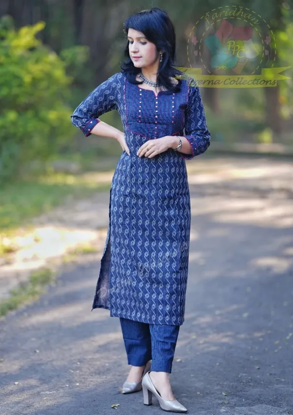 Blue_Khadi_Cotton_Embroidered_Kurta_Pant_For_Women