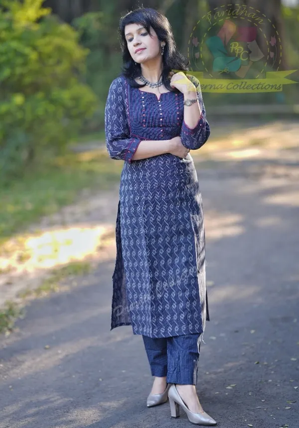 Blue_Khadi_Cotton_Embroidered_Kurta_Pant_For_Women