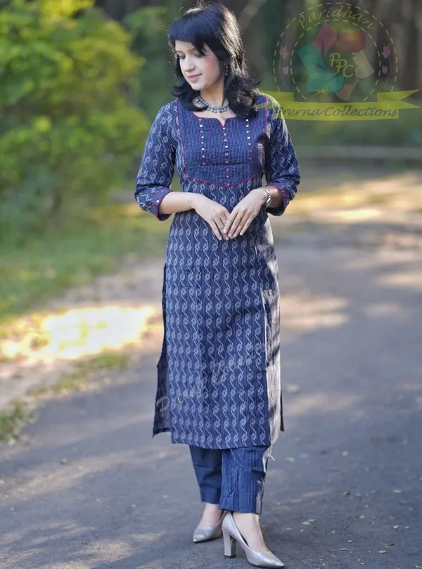 Blue_Khadi_Cotton_Embroidered_Kurta_Pant_For_Women