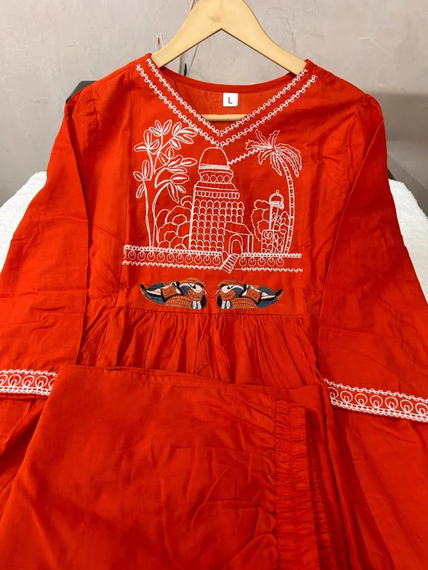 Orange_Cotton_Blend_Embroidered_Kurta_Palazzo_For_Women