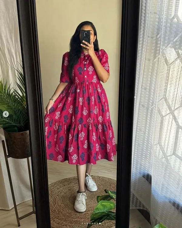 Pink_Pure_Cotton_Empire_Waist_Dress_For_Women