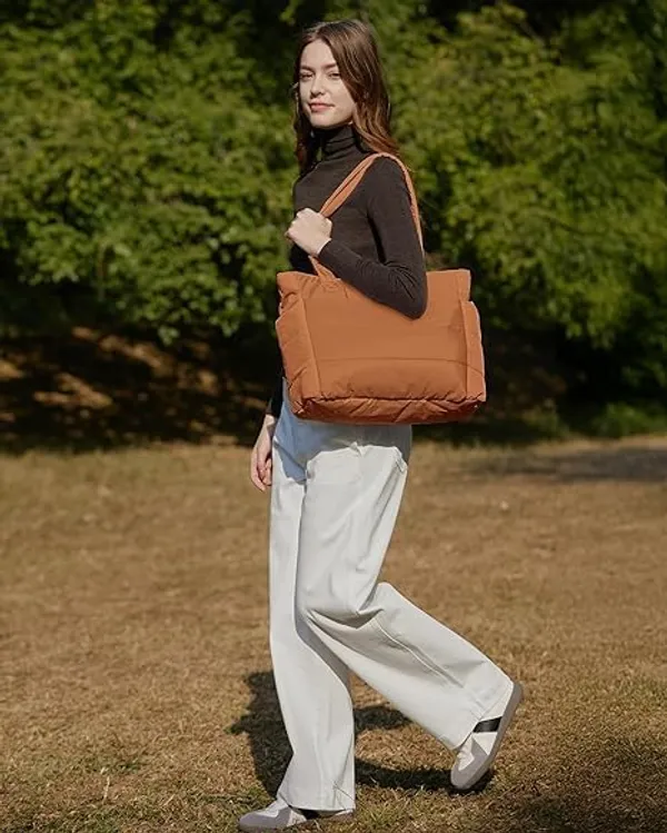 White_&_Brown_Premium_Nylon__Light_Weight_Puffy_Tote_Bag_For_Women__(Pack_Of_2)