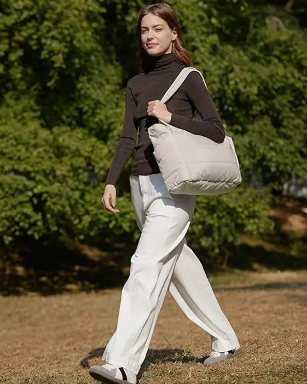 White_&_Brown_Premium_Nylon__Light_Weight_Puffy_Tote_Bag_For_Women__(Pack_Of_2)