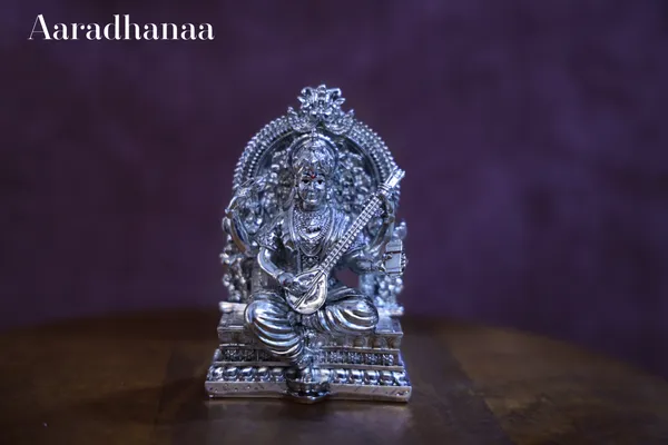 999_Pure_Silver_Plated_Goddess_Saraswati_Virajman_On_Singhasan_God_Idol