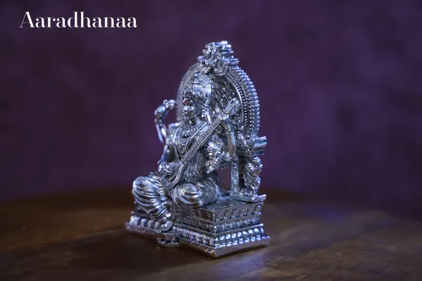 999_Pure_Silver_Plated_Goddess_Saraswati_Virajman_On_Singhasan_God_Idol