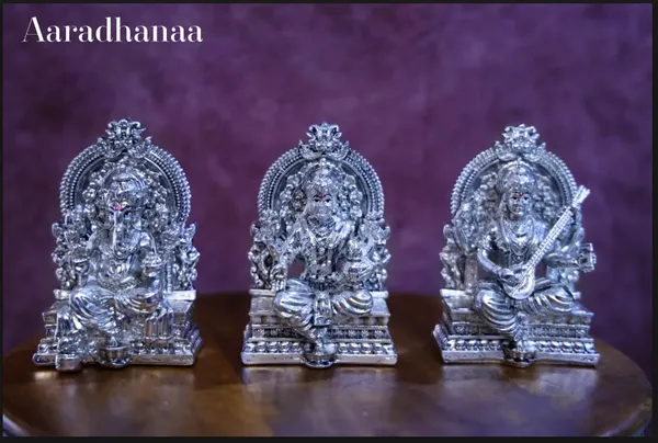 999_Pure_Silver_Plated_Ganesh_Lakshmi_Saraswathi_Virajman_On_Singhasan_God_Idol