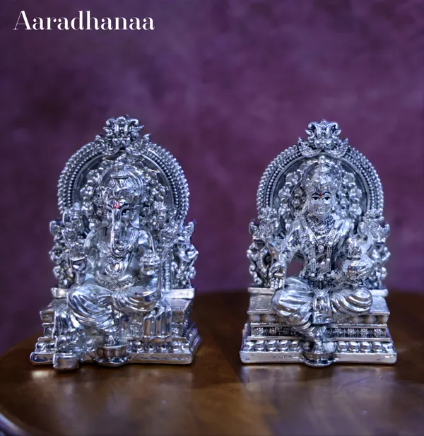 999_Pure_Silver_Plated_Ganesh_Lakshmi's_Virajman_On_Singhasan_God_Idol