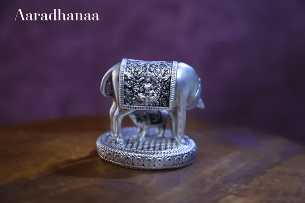 999_Pure_Silver_Plated_Kamdhenu_Cow_With_Calf_God_Idol