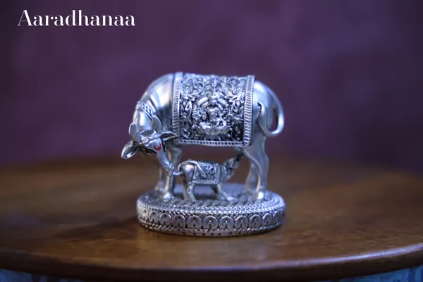 999_Pure_Silver_Plated_Kamdhenu_Cow_With_Calf_God_Idol