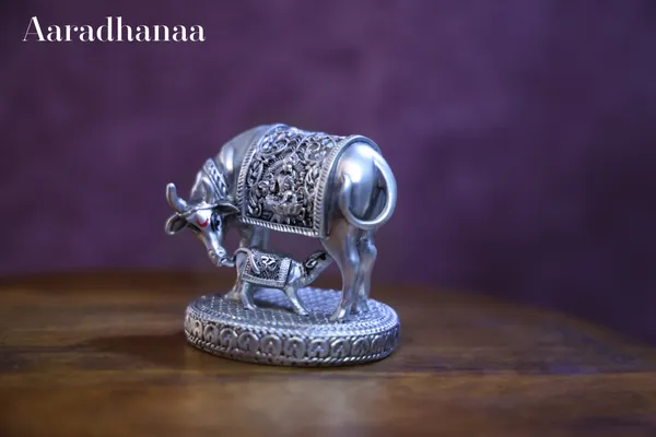 999_Pure_Silver_Plated_Kamdhenu_Cow_With_Calf_God_Idol