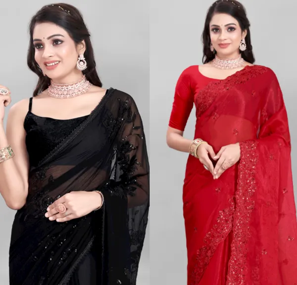 Black_And_Red_Preimium_&_Elegant_Chiffon_Shimmer_Saree_With_Blouse_For_Women_(Pack_Of_2)