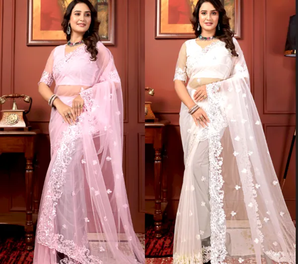 White_And_Pink__Premium_Quality_Net_Embroidered_Sarees_For_Women_(Pack_Of_2)