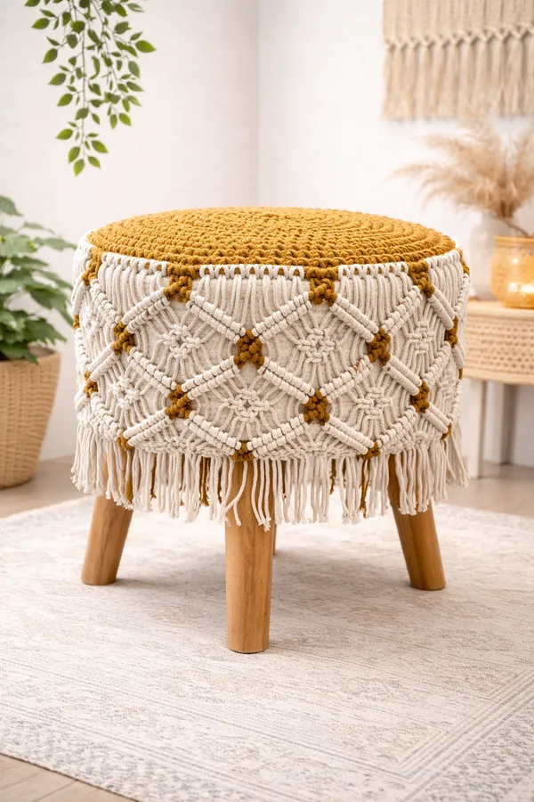 Musturd_Yellow_And_Off_White_Slub_Cotton_With_Wooden_Base_Soft_Furnishing_Poufs_For_Dining_Side_Table