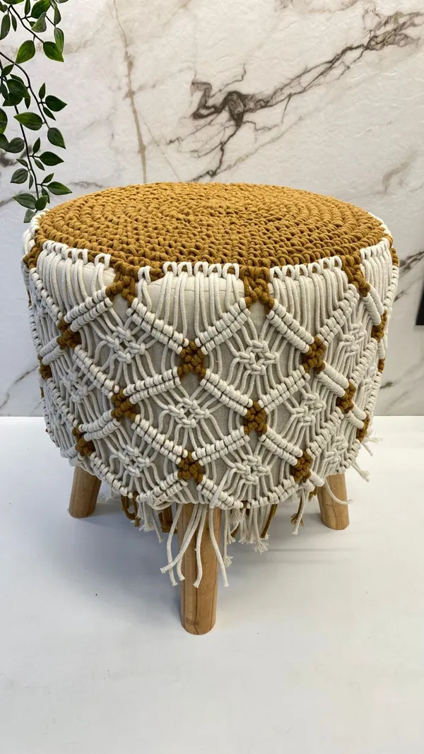 Musturd_Yellow_And_Off_White_Slub_Cotton_With_Wooden_Base_Soft_Furnishing_Poufs_For_Dining_Side_Table
