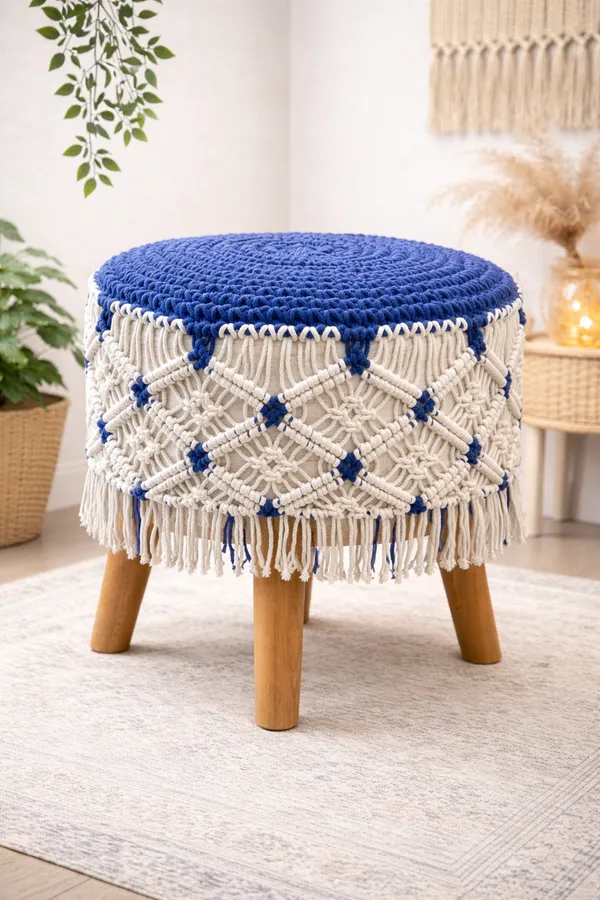 Blue_And_Off_White_Slub_Cotton_With_Wooden_Base_Soft_Furnishing_Poufs_For_Dining_Side_Table