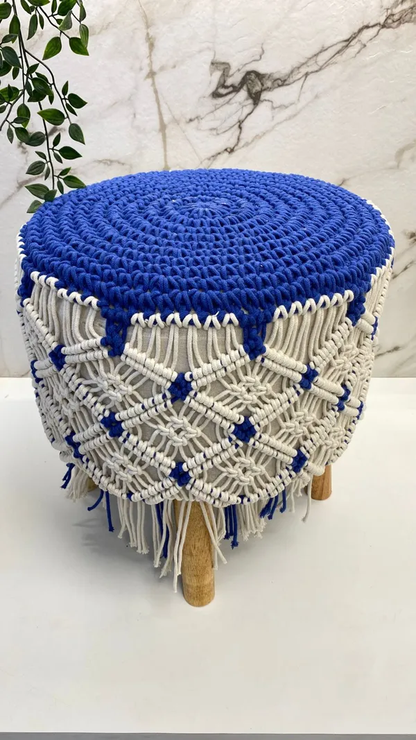 Blue_And_Off_White_Slub_Cotton_With_Wooden_Base_Soft_Furnishing_Poufs_For_Dining_Side_Table
