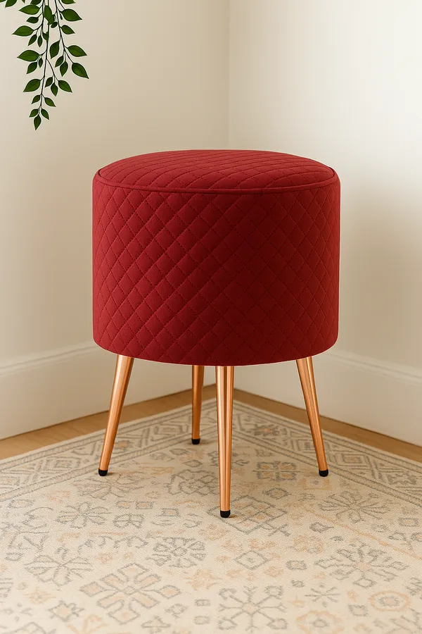 Maroon_And_Rose_Gold_Slub_Cotton_With_Wooden_Base_Soft_Furnishing_Poufs_For_Dining_Side_Table