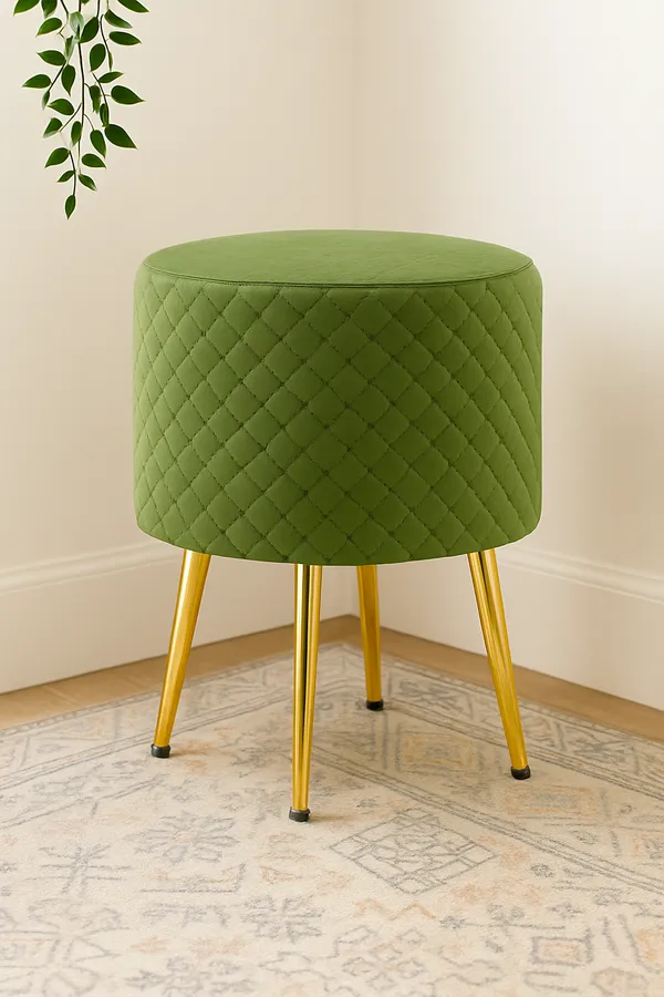 Green_And_Gold_Slub_Cotton_With_Wooden_Base_Soft_Furnishing_Poufs_For_Dining_Side_Table