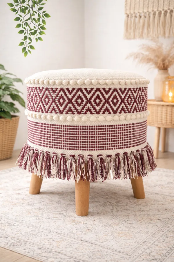 Maroon_Slub_Cotton_With_Wooden_Base_Soft_Furnishing_Poufs_For_Dining_And_Side_Table