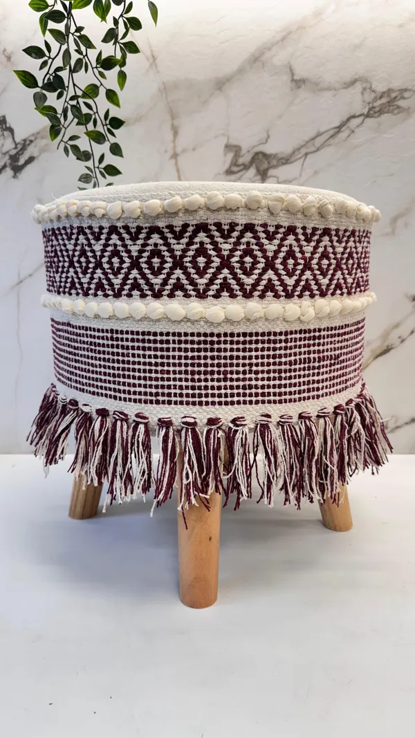 Maroon_Slub_Cotton_With_Wooden_Base_Soft_Furnishing_Poufs_For_Dining_And_Side_Table