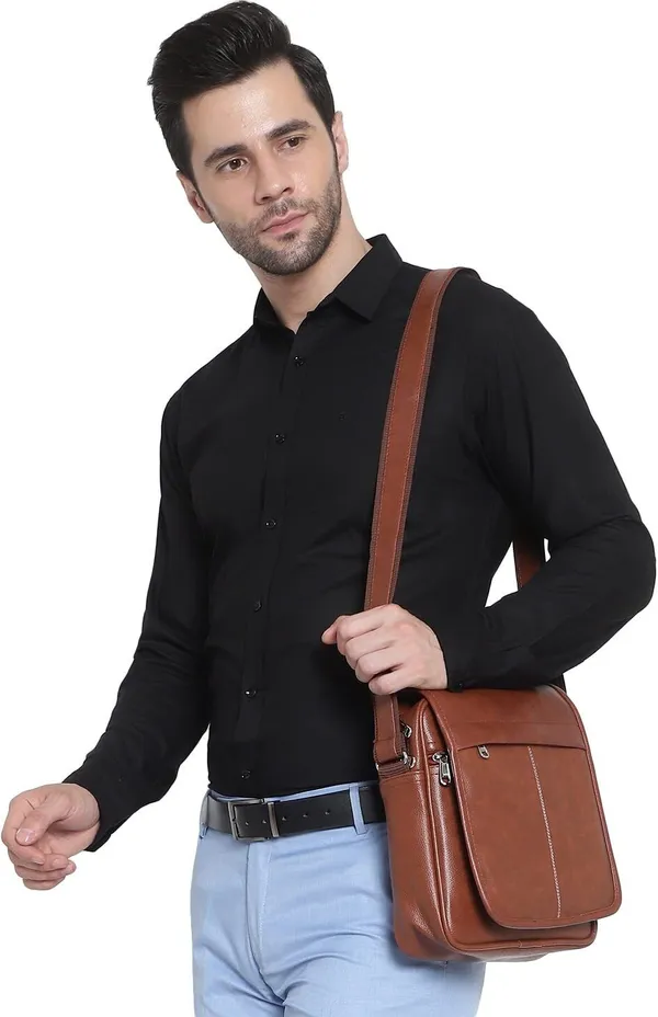 Tan_Pu_Synthetic_Leather_Solid_Zipper_Sling_Bag_For_Men