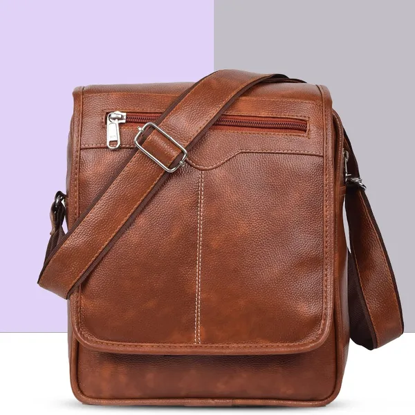 Tan_Synthetic_Leather_Solid_Zipper_Sling_Bag_For_Men
