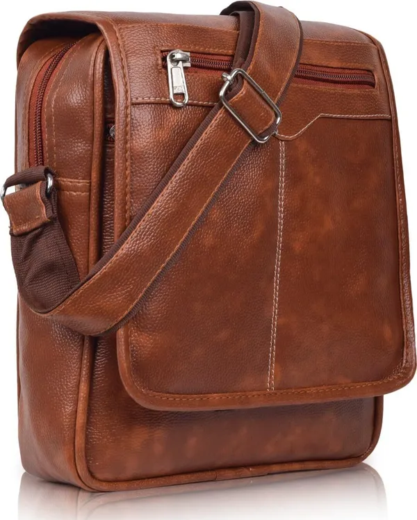 Tan_Synthetic_Leather_Solid_Zipper_Sling_Bag_For_Men