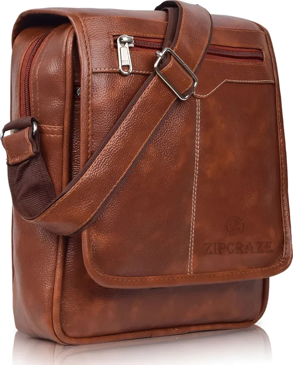 Tan_Synthetic_Leather_Zipper_Sling_Bag_For_Men