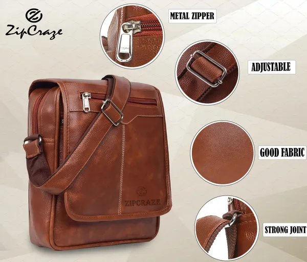 Tan_Synthetic_Leather_Zipper_Sling_Bag_For_Men