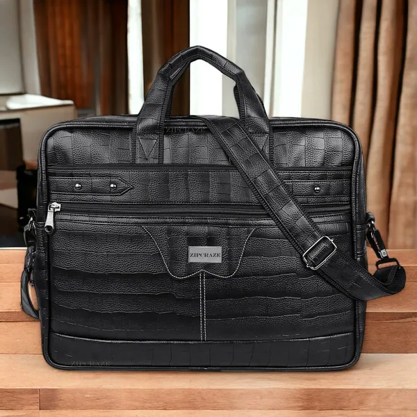 Black_Synthetic_Leather_Croco_Texture_Messenger_Bag_For_Unisex