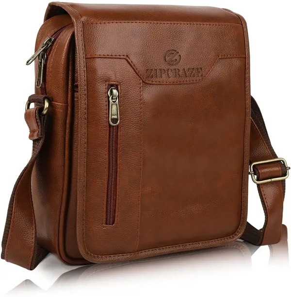 ZipCraze_Tan_Sling_Bag_Vegan_Leather_crossbody/Shoulder/Unsex_Sling_Bag_with_Padded_Tab_Compartment