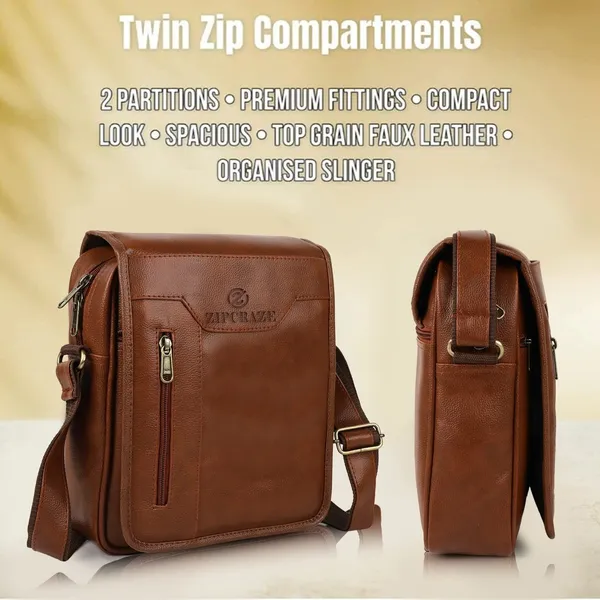 ZipCraze_Tan_Sling_Bag_Vegan_Leather_crossbody/Shoulder/Unsex_Sling_Bag_with_Padded_Tab_Compartment