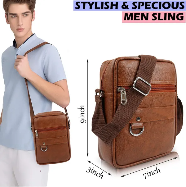 Tan_Synthetic_Leather_Solid_Zipper_Sling_Bag_For_Men_And_Women