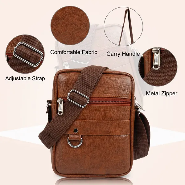 Tan_Synthetic_Leather_Solid_Zipper_Sling_Bag_For_Men_And_Women