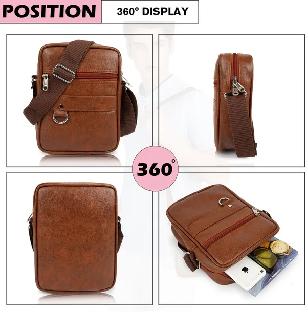 Tan_Synthetic_Leather_Solid_Zipper_Sling_Bag_For_Men_And_Women