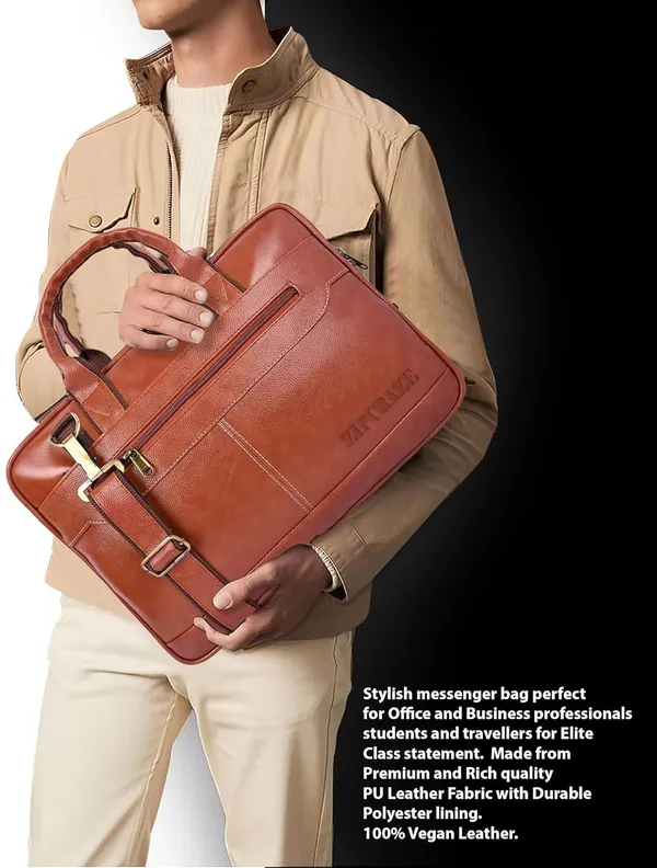 Tan_Synthetic_Leather_Solid_Zipper_Messenger_Bag_For_Men_&_Women