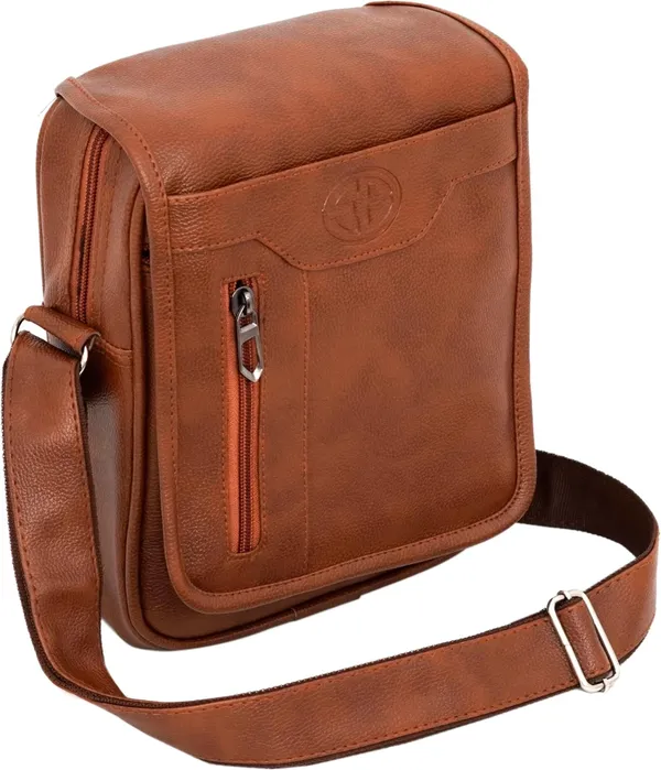 Tan_Synthetic_Leather_Solid_Zipper_Sling_Bag_For_Men
