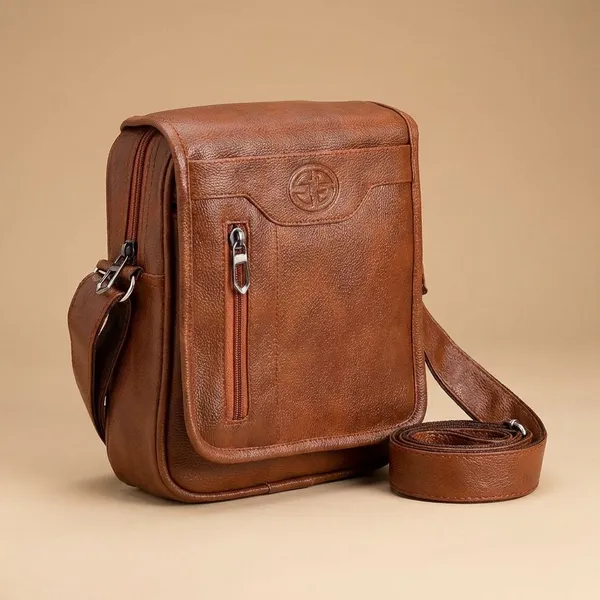 Tan_Synthetic_Leather_Solid_Zipper_Sling_Bag_For_Men